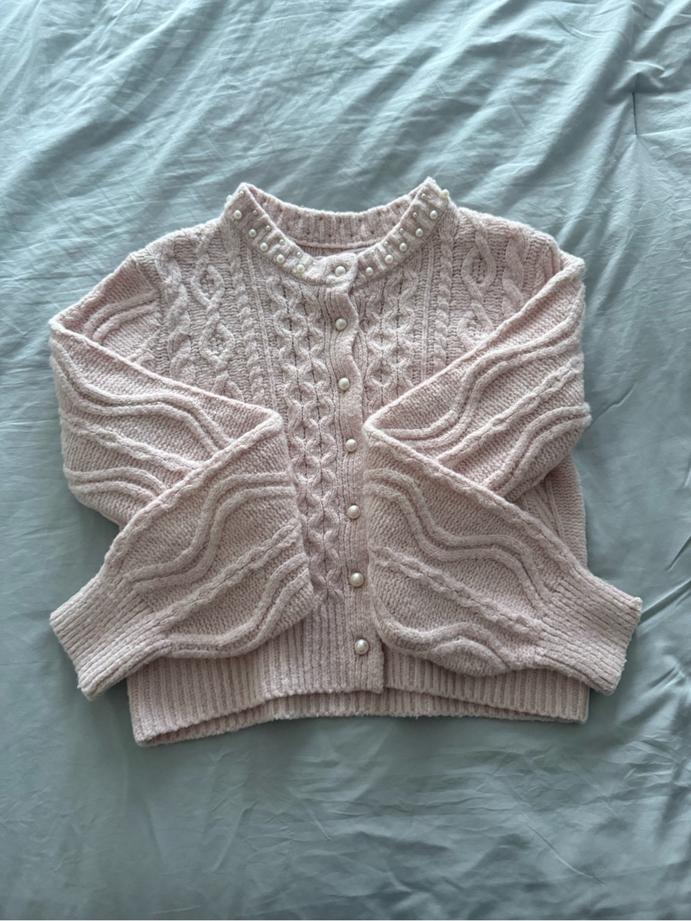 Pink Rose Pearl-Trim Cable Knit Cardigan - Light Pink